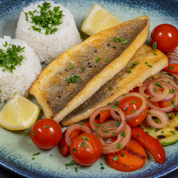 Peste (biban de mare, pescuit) si orez integral cu legume