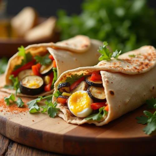 Wrap cu hummus, ou fiert și legume proaspete