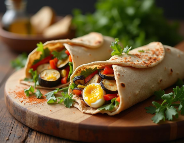 Wrap cu hummus, ou fiert și legume proaspete