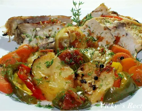 Curcan la cuptor cu linte verde și morcovi glazurati