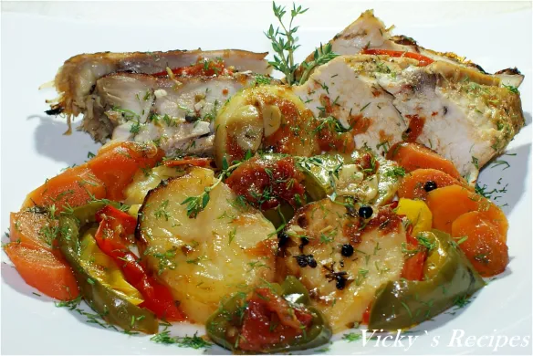 Curcan la cuptor cu linte verde și morcovi glazurati